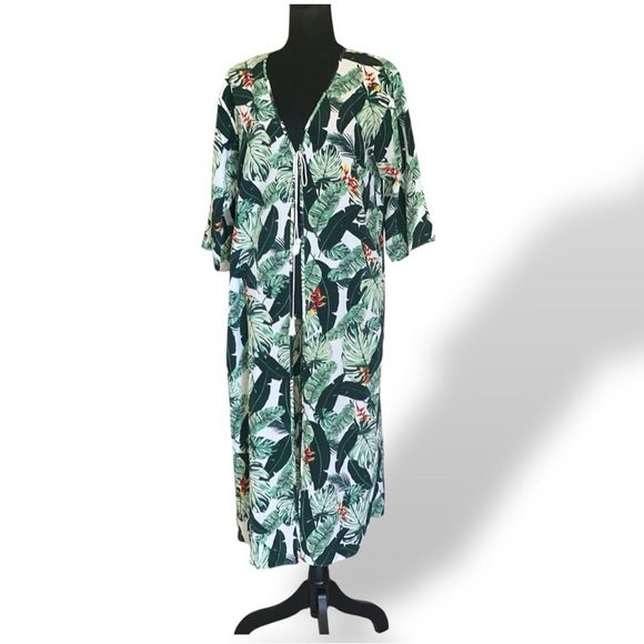 RACHEL ZOE Tropical Leaf Print Kimono Midi Length One Size Beach Cover Layer - Picture 11 of 11